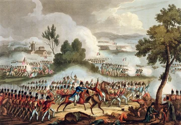 Den britiske hærs venstre fløj i aktion ved slaget ved Waterloo, 18. juni 1815, fra «The Martial Achievements of Great Britain and her Allies from 1799-1815», af James Jenkins, stukket af Tho